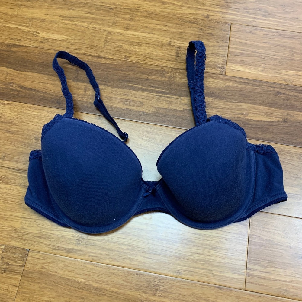 Aerie Navy Blue Lace Trim Bra Womens Size 36B Lightly Lined Adjustable Straps